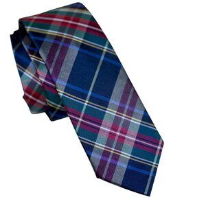 EMILE LAFAURIE Silk Tie Navy Blue Holiday Plaid Narrow Necktie Made in Italy